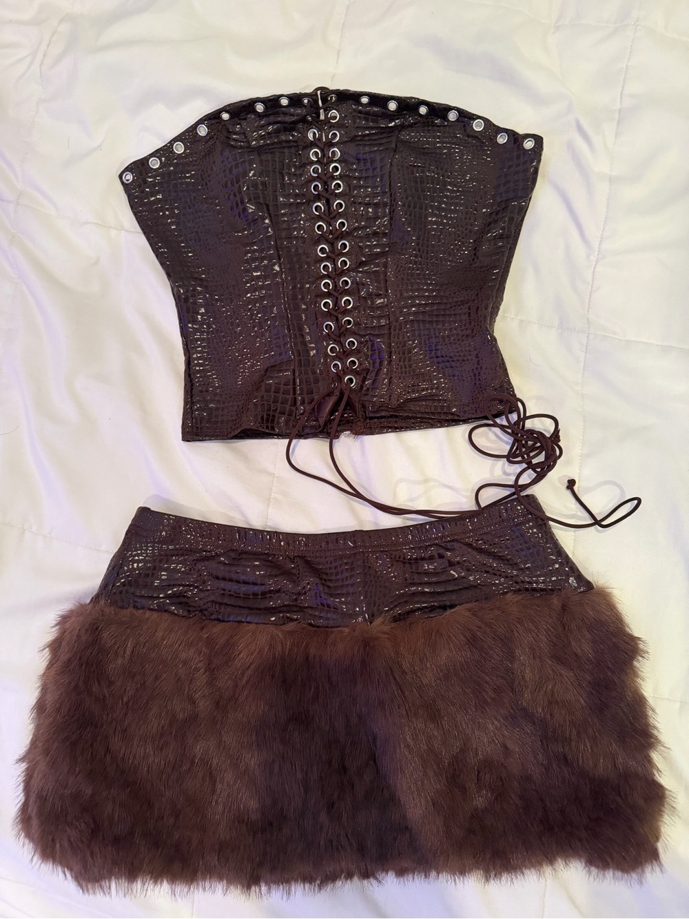 SHEIN Brown Faux Fur Mini Skirt and Corset Set
